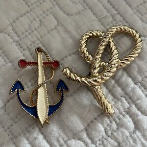 2 Vintage Nautical Pins: Red/White/Blue Anchor & Gold Tone Rope Brooches